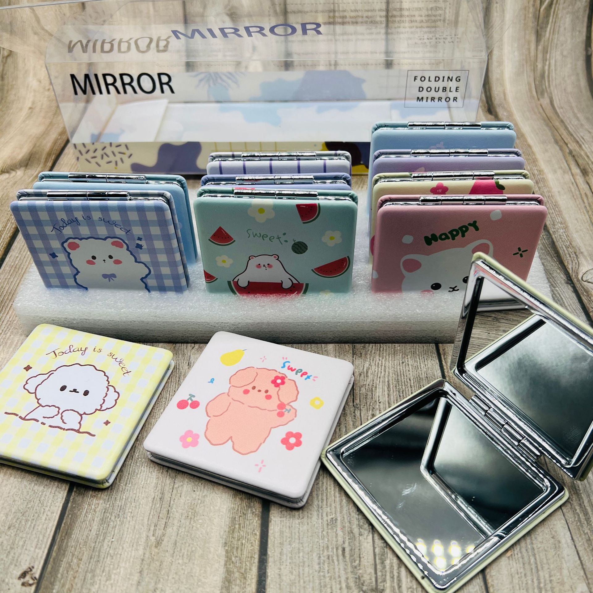 双面镜子批发 双面皮镜带放大镜子 便携迷你随身小化妆镜子卡通